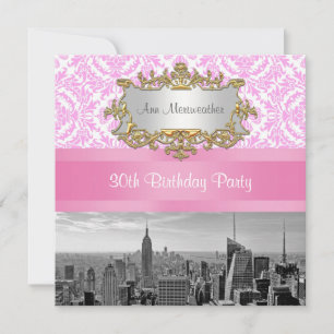 Invitation NYC Skyline BW D4P Damassé Rose Fête d'anniversair