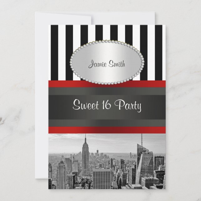 Invitation NYC Skyline BW Noir Blanc Rayure 2P Sweet 16 (Devant)