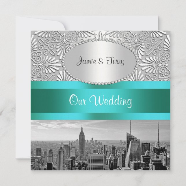 Invitation NYC Skyline BW Silver White Mariage damassé (Devant)