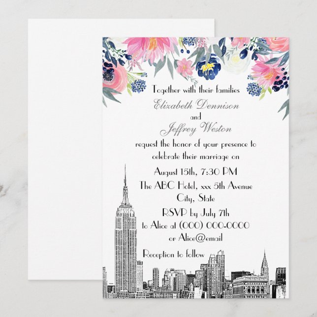 Invitation NYC Skyline ESB Etch bleu rose Mariage floral (Devant / Derrière)