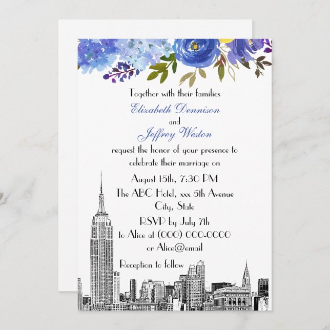 Invitation NYC Skyline ESB Etch Blue Yellow FlorMariage (Devant / Derrière)