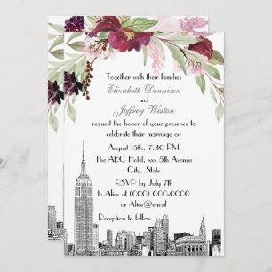Invitation NYC Skyline ESB Etch Burgundy Rose FlorMariage