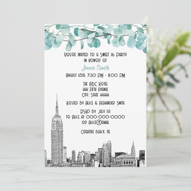 Invitation NYC Skyline ESB Etch Eucalyptus Sweet 16 (Debout devant)