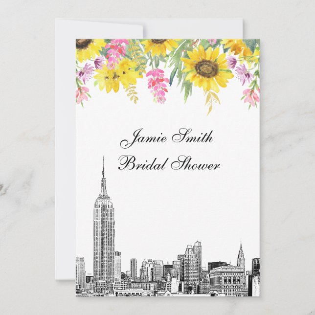 Invitation NYC Skyline ESB Etch Look Sunflowers Fête des mari (Devant)