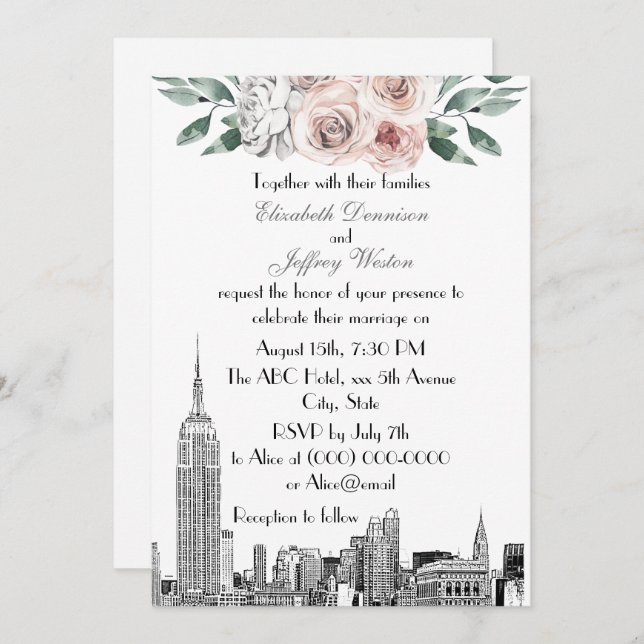 Invitation NYC Skyline ESB Etch Lt Rose Grey FlorMariage (Devant / Derrière)