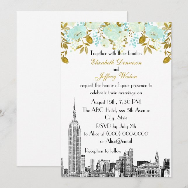 Invitation NYC Skyline ESB Etch Mint Gold Floral Mariage (Devant / Derrière)
