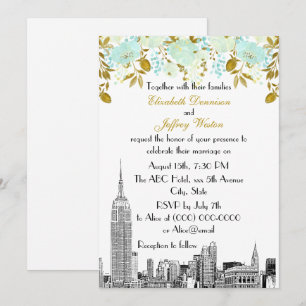 Invitation NYC Skyline ESB Etch Mint Gold Floral Mariage