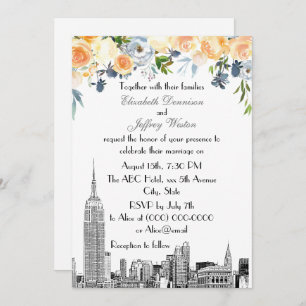 Invitation NYC Skyline ESB Etch Peach Blues Floral Mariage