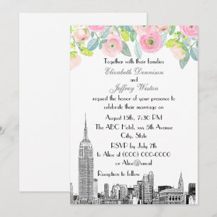 Invitation NYC Skyline ESB Etch rose Ranunculus Mariage