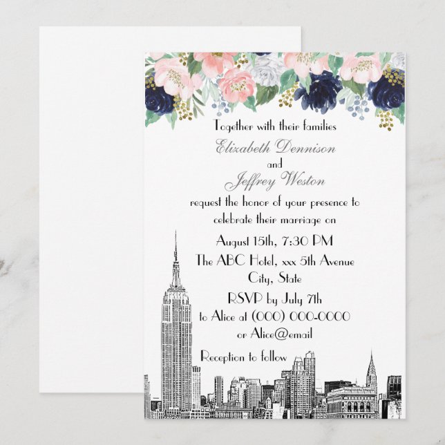Invitation NYC Skyline ESB Etch Rose Wht Blue Gold Floral (Devant / Derrière)