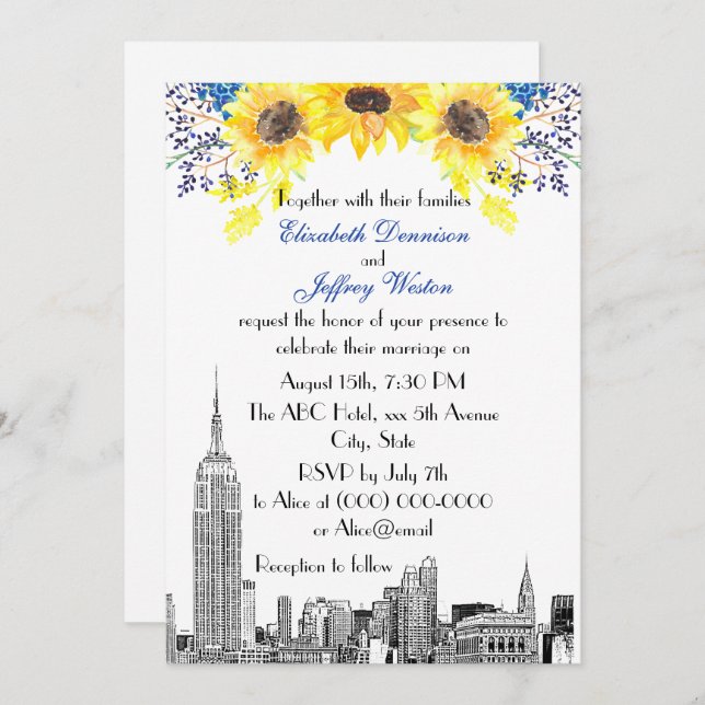 Invitation NYC Skyline ESB Etch Sunflower #2 Floral Mariage (Devant / Derrière)