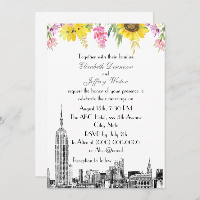 Invitation NYC Skyline ESB Etch Sunflower Rose Flower Mariage (Devant / Derrière)