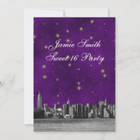 NYC Skyline Etched #3 Purple Gold Star Sweet 16 V