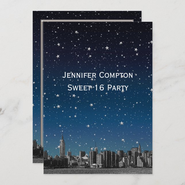 Invitation NYC Skyline Etched #3V2 Starry Blu Sunset Sweet 16 (Devant / Derrière)