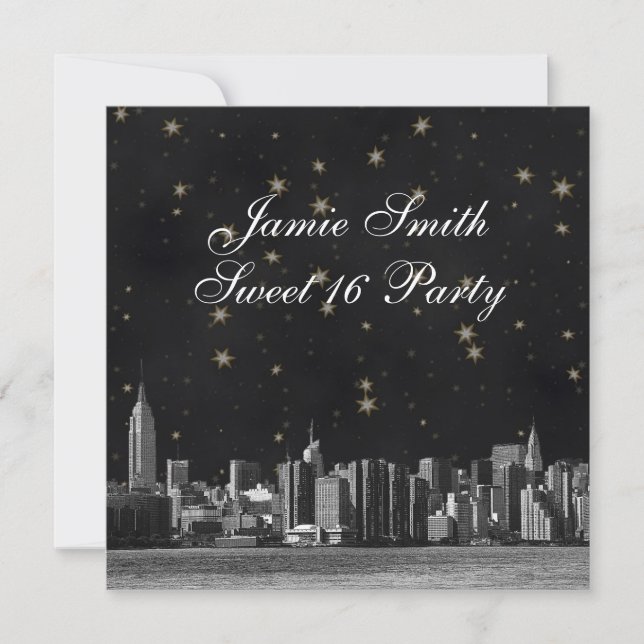 Invitation NYC Skyline gravé #3 Black Gold Star Sweet 16 (Devant)