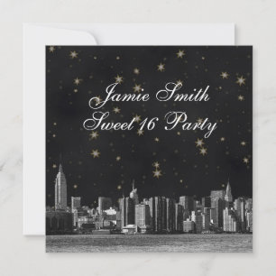 Invitation NYC Skyline gravé #3 Black Gold Star Sweet 16