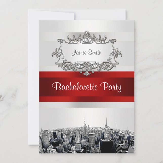 Invitation NYC Skyline Gravée 2, Blanc, Ruban Rouge Enterreme (Devant)