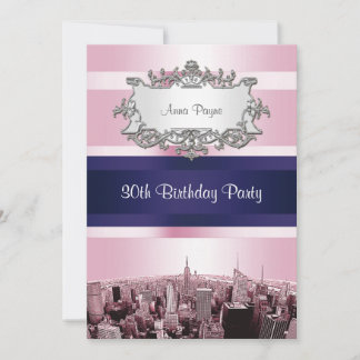 Invitation NYC Skyline Gravée 2 Fond Rose, Ruban Bleu Anniver