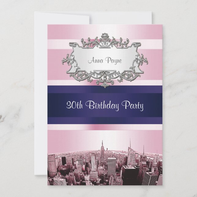 Invitation NYC Skyline Gravée 2 Fond Rose, Ruban Bleu Anniver (Devant)