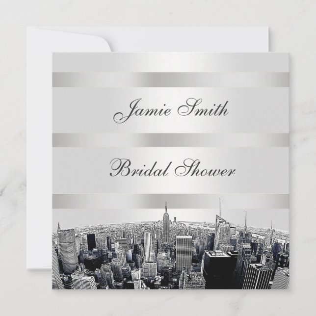 Invitation NYC Skyline Gravée 2, Shower de Mariage Noir Blanc (Devant)