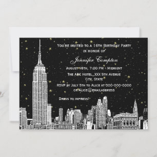 Invitation NYC Skyline Gravure Star DIY Fond de couleur Carré
