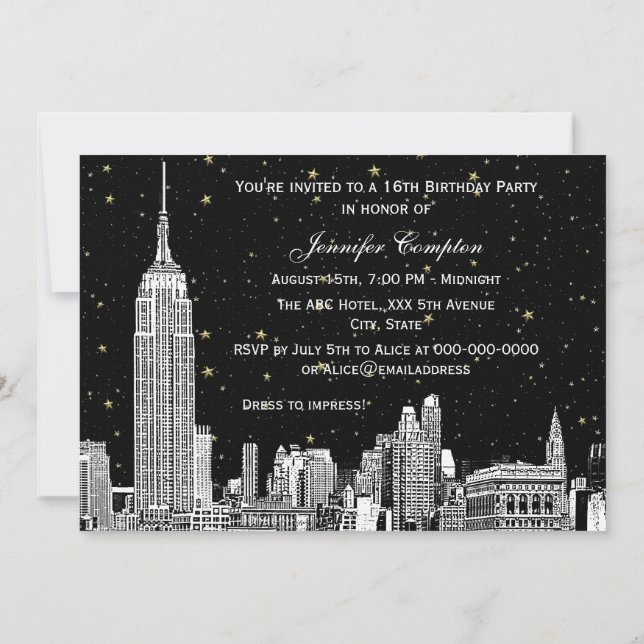 Invitation NYC Skyline Gravure Star DIY Fond de couleur Carré (Dos)