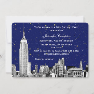 Invitation NYC Skyline Gravure Starry Navy BG SQ Sweet 16 H