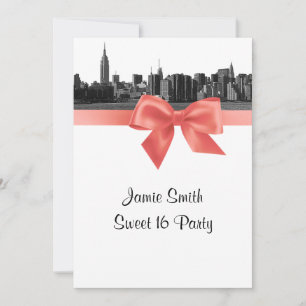 Invitation NYC Skyline large étendue gravé BW corail Sweet 16