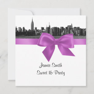 Invitation NYC Skyline large vue étirée BW lilas Sweet Sixtee