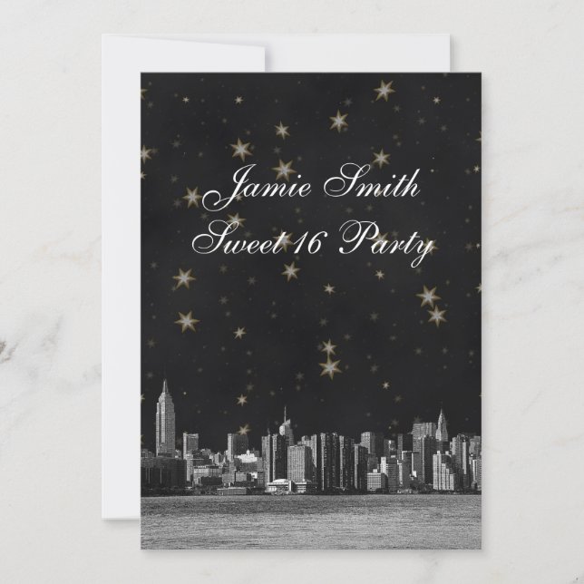 Invitation NYC Skyline no 3 Black Gold Star Sweet 16 V (Devant)