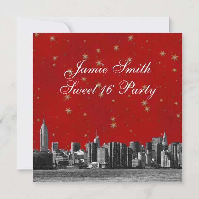 Invitation NYC Skyline no 3 Red Gold Star Sweet 16 (Devant)