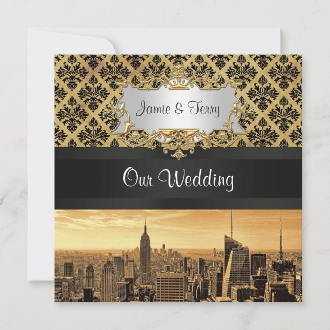 Invitation NYC Skyline Sepia B5 Blk Rib Mariage damassé Invit (Devant)