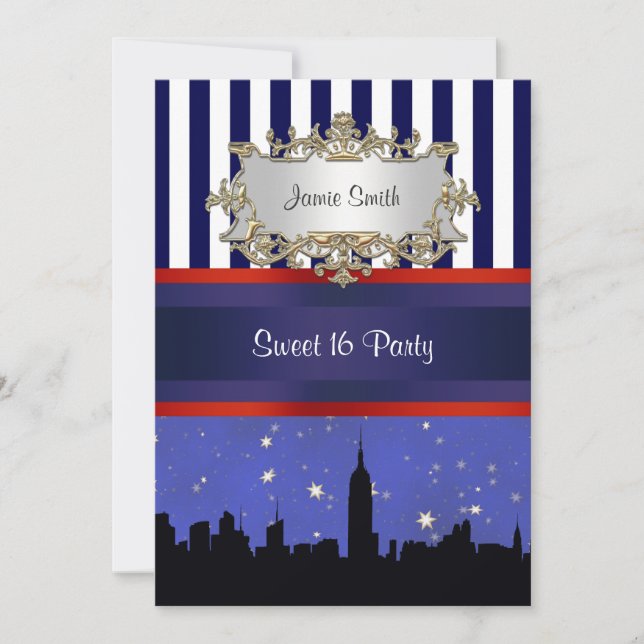 Invitation NYC Skyline Sil Ciel Bleu2 Bleu & Blanc Strp Douze (Devant)