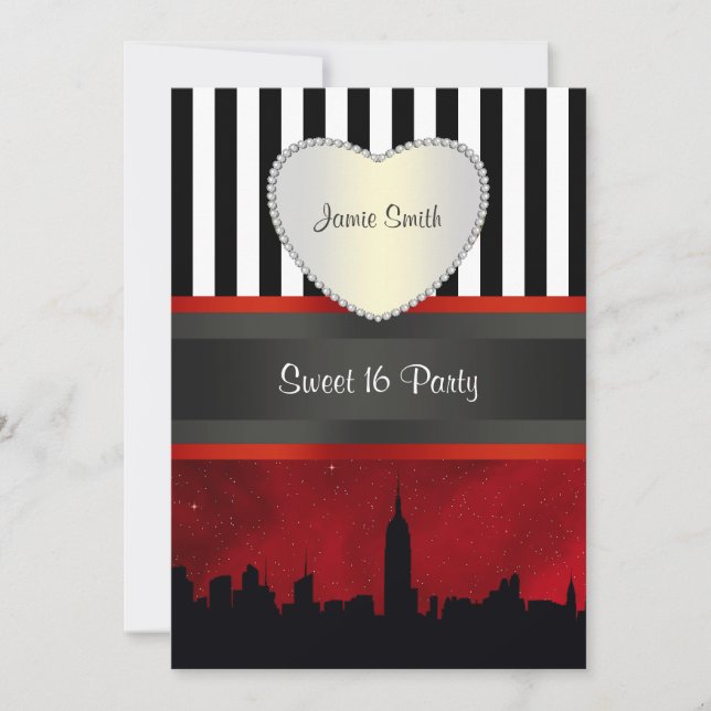 Invitation NYC Skyline Sil Red Sky Blk Wh Stripe P Sweet 16 V (Devant)