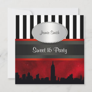 Invitation NYC Skyline Sil Red Sky Blk Wht Stripe P Sweet 16