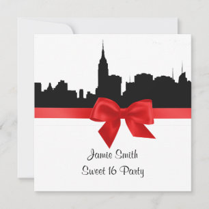 Invitation NYC Skyline Silhouette BW Red Sweet 16 SQ