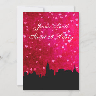 Invitation NYC Skyline Silhouette Hot Rose Red Hrt Sweet 16 V