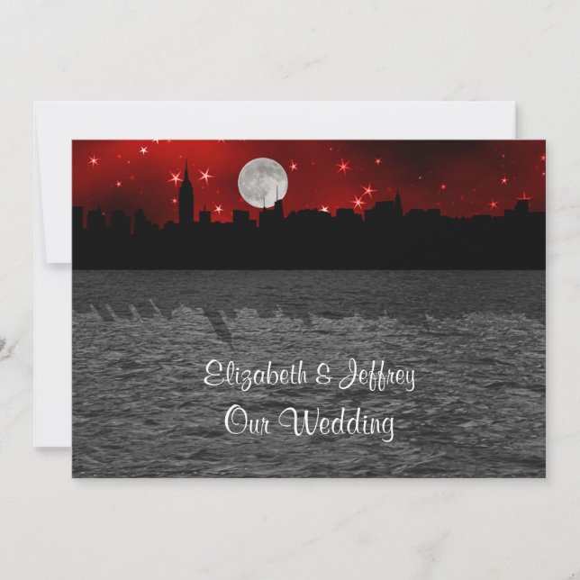 Invitation NYC Skyline Silhouette Lune Mariage rouge (Devant)