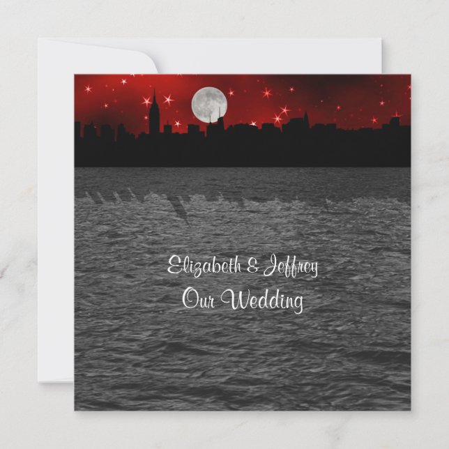 Invitation NYC Skyline Silhouette Lune Rouge Mariage SQ (Devant)