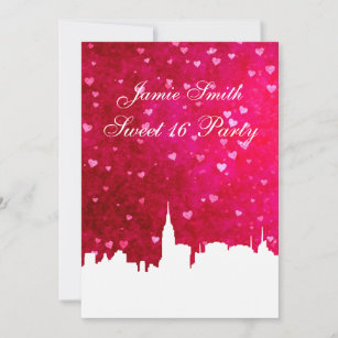 Invitation NYC Skyline Silhouette rose rouge coeur doux 16 V