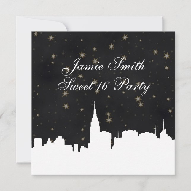 Invitation NYC Skyline Wht Silhouette Blk Gold Star Sweet 16 (Devant)