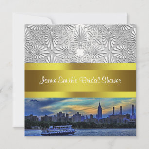Invitation NYC Sunset Skyline ESB White Damask Fête des marié