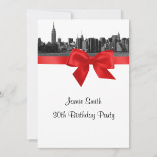 Invitation NYC Wide Skyline Etched BW Red Birthday Party