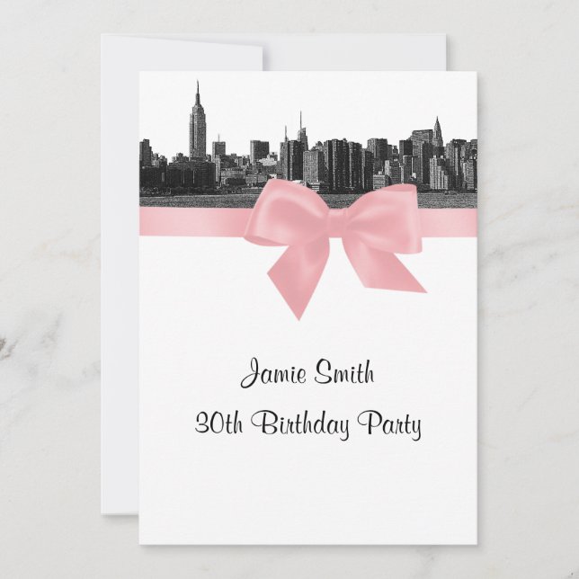 Invitation NYC Wide Skyline Etched BW Rose Anniversaire Party (Devant)