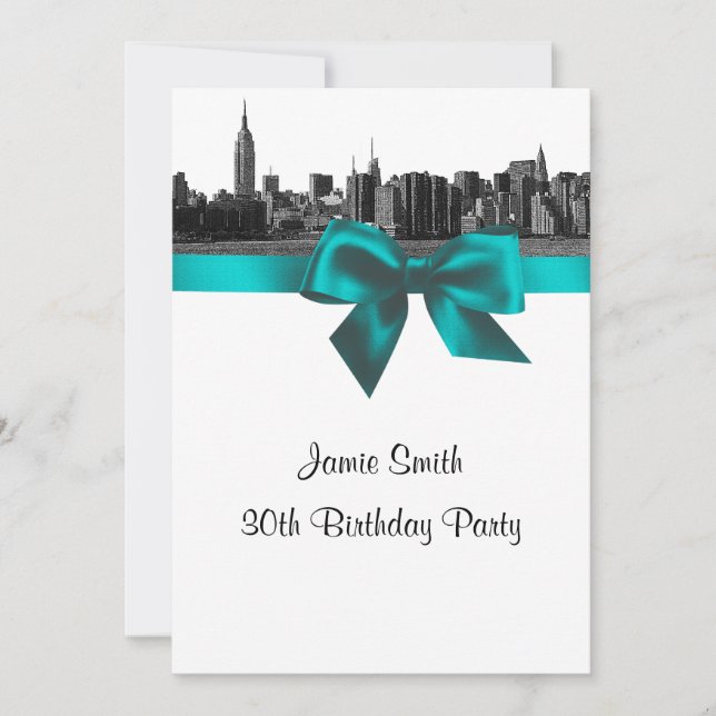 Invitation NYC Wide Skyline Etched BW Turquoise fête d'annive (Devant)