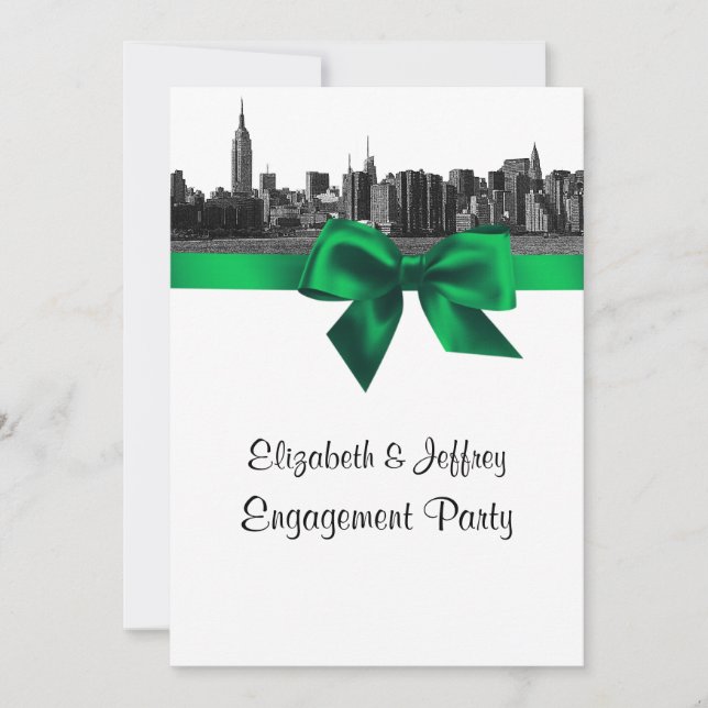 Invitation NYC Wide Skyline Etted BW Green Engagement Party (Devant)