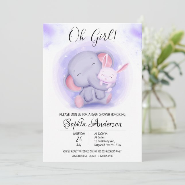Invitation O Fille lapin et Baby shower d'éléphant (Debout devant)