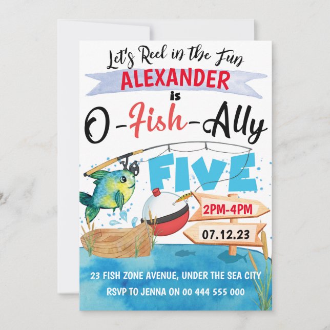 Invitation O-Fish-Ally 5 Pêche 5e anniversaire garçon (Devant)