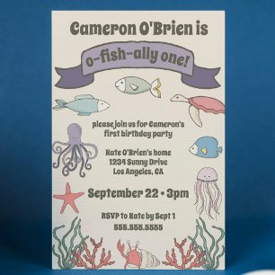 Invitation O-FISH-ALLY ONE Baby's 1st Birthday Party Pêche