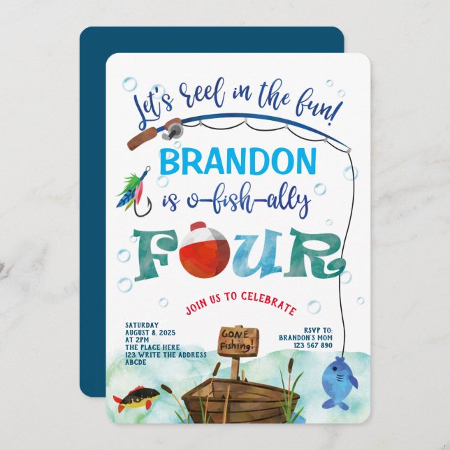 Invitation O-fish-Ally, Petit pêcheur, Pêche 4ème anniversair (Devant / Derrière)